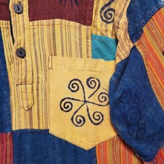 Handmade Nepalese Patchwork Block Print Tunic Shirt Mens Large Blue Orange Boho