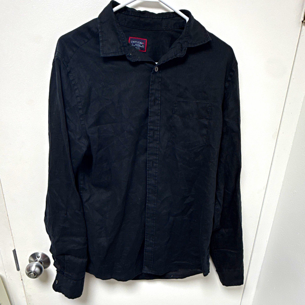 UNTUCKit Men’s M Black Solid 100% Linen Slim Long Sleeve Point Collar Button-Up