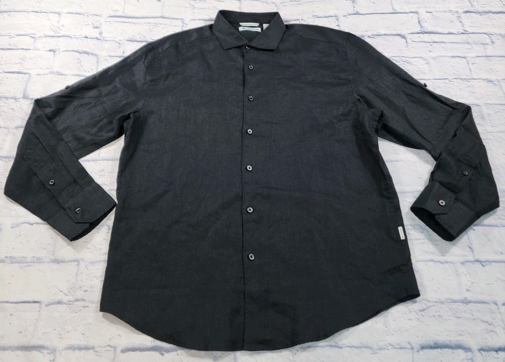 Cubavera MENS SZ L Travel Select Linen Blend Long Sleeve Jet Black Button Shirt
