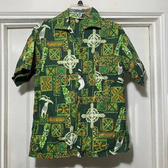 Vintage Green Hawaiian Tiki Shirt Button Down Mens Aloha Beach Top