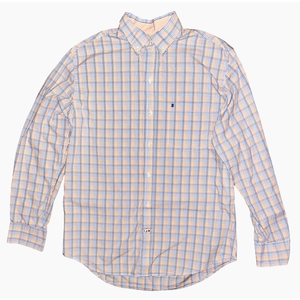 IZOD Premium Essentials Long Sleeve Button Down Orange & Blue Plaid Shirt M