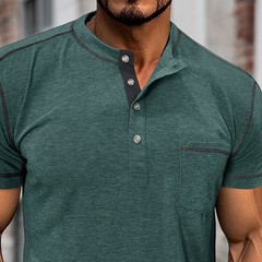 Men Short Sleeve Solid Half Open Collar T-shirt Button Pullover Casual Tee