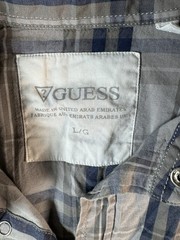 Men’s Guess Snap Front Button Up Short Sleeve 100% Cotton Size Large Plaid Blue
