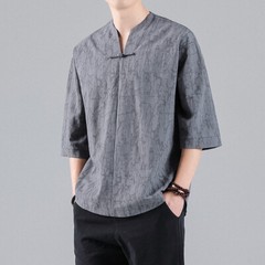 Men Cotton Linen T-shirt Half Sleeve Chinese Frog Button Crackled Pattern Ethnic