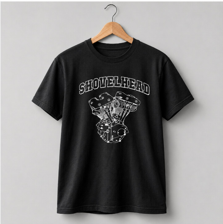 Shovelhead Engine Motorcycle Biker Graphic T-Shirt Retro V-Twin Motor Tee Navy