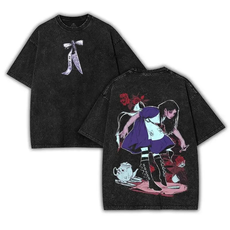 Alice Madness Returns Double Sided Graphic Vintage Acid Wash T-Shirt Tee