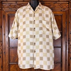 Jos. A. Bank 100% Silk Cream Taupe Sage Squares Short Sleeve Button Down Sz XL