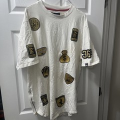 Makobi Mens White Streetwear T-Shirt Gold Embroidered Patches Side Zippers Sz XL