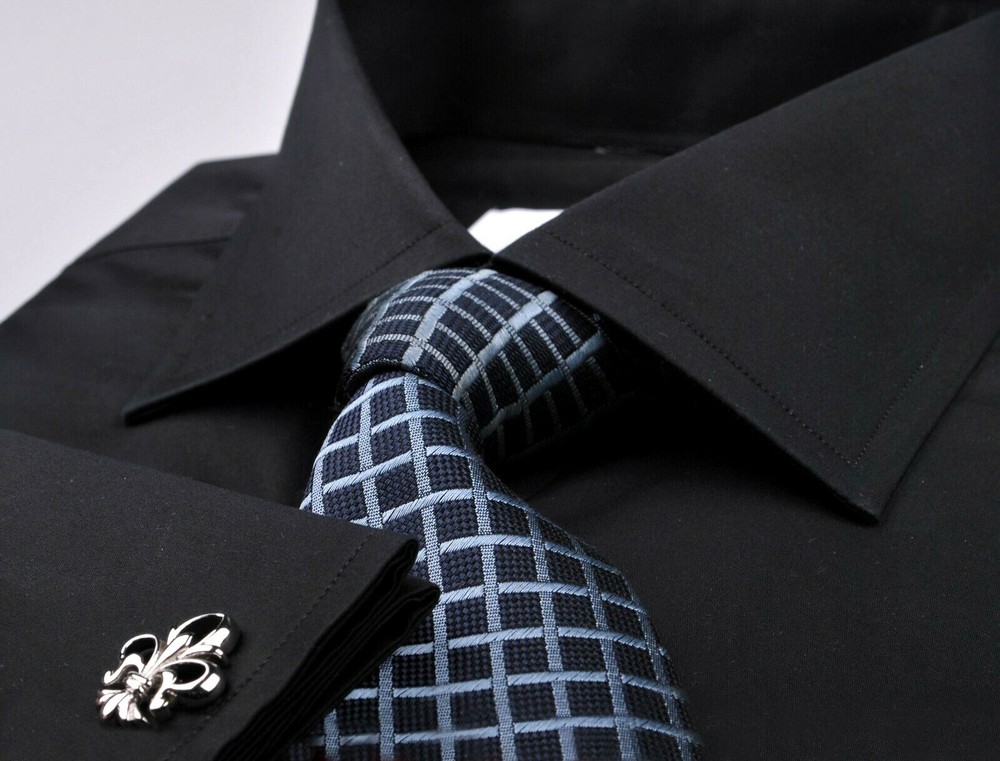 Pure Black Solid Poplin Dress Shirt Formal Dinner Event Men Stylish French Cuffs