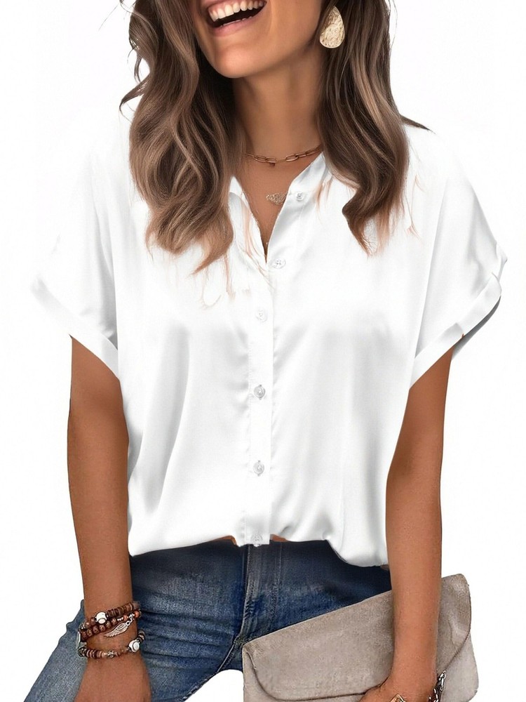 Plus Size Satin Blouse Silk Button Down Womens Button Up Shirts White