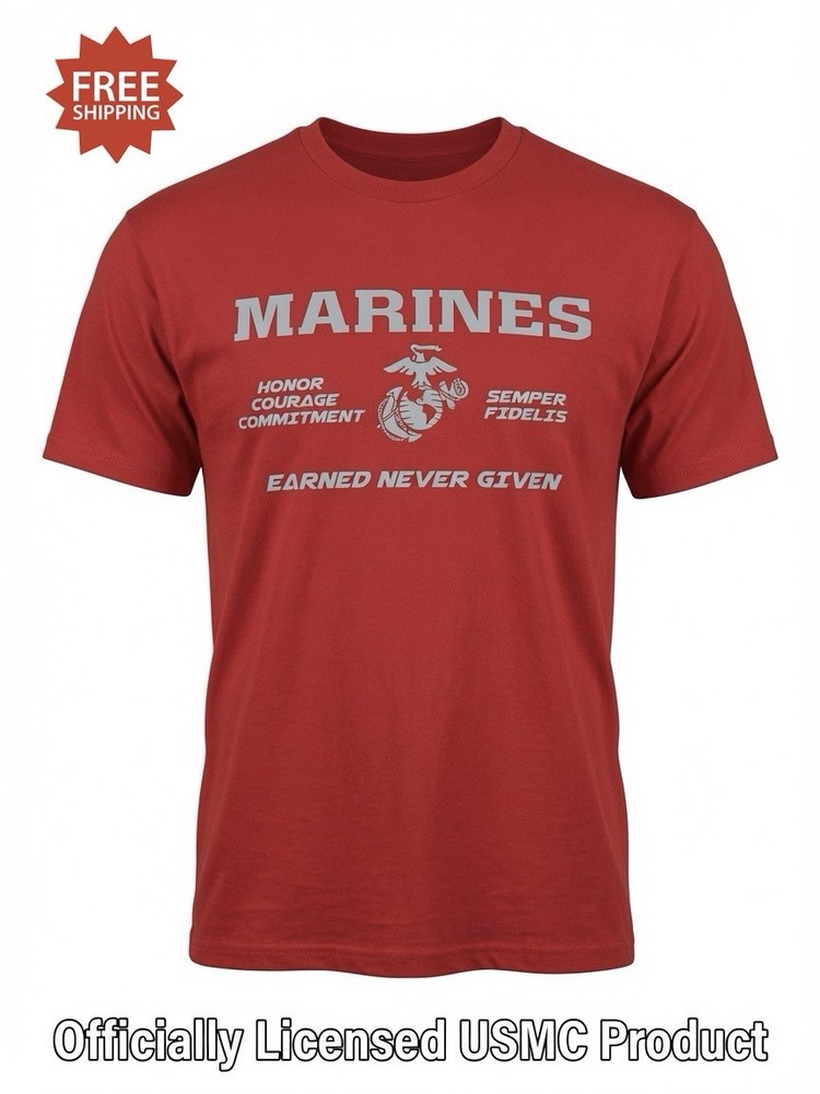 USMC “MARINES – EARNED NEVER GIVEN” Red T-Shirt – Size L – by MV Sport – NWT!