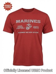 USMC “MARINES – EARNED NEVER GIVEN” Red T-Shirt – Size L – by MV Sport – NWT!