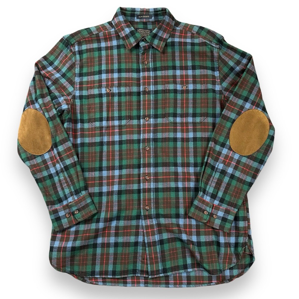 Pendleton Hawthorne Flannel Button Shirt Macduff Tartan Mens Large Elbow Patches