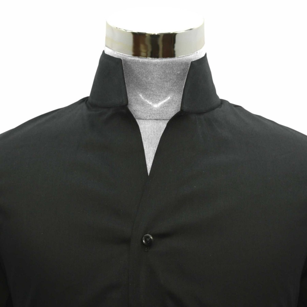 High Collar Shirt Solid Jet Black Buttonless Collar Cotton Shirt Men Open Neck