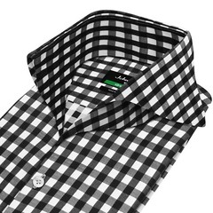 Black White Gingham Checks High Open Extreme Cutaway Collar Buttonless Men Shirt