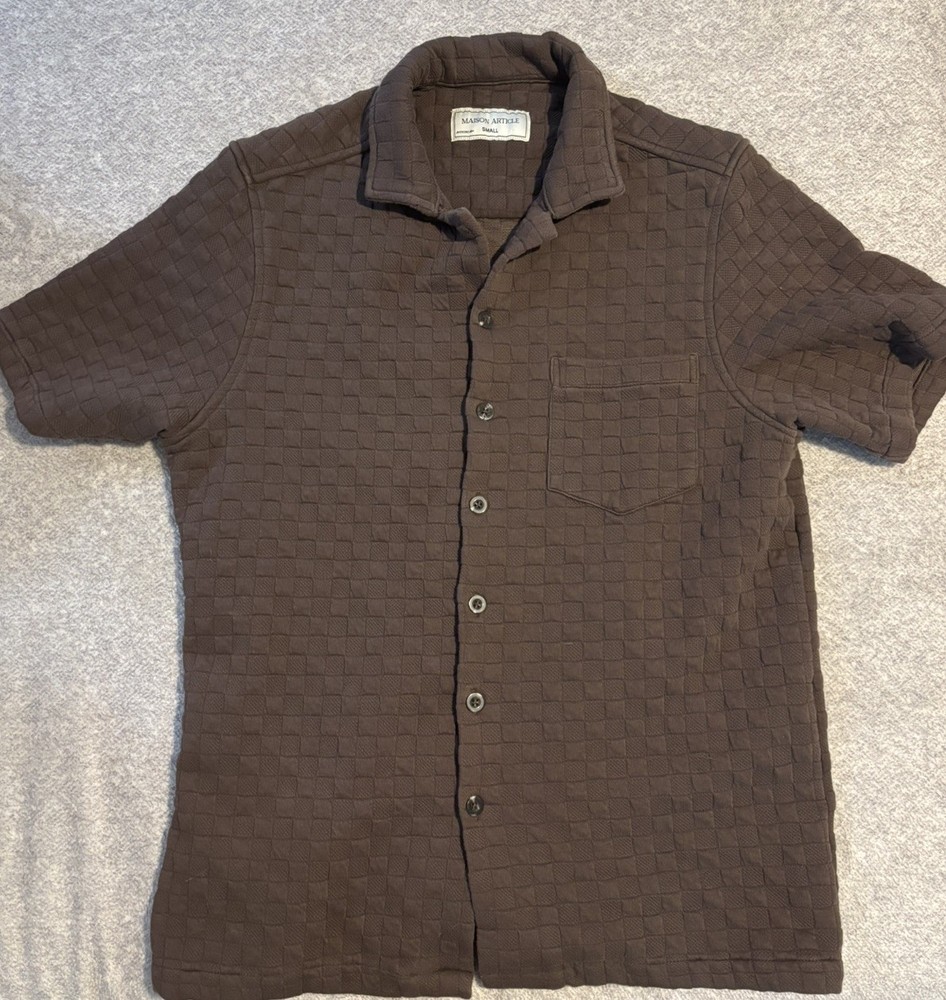 Maison Article Checkered Knit Mens Small Brown Button Up Short Sleeve Shirt