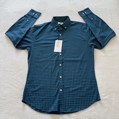 Savannah Mens Gingham Button Down Shirt Teal Green Navy Blue Tencel Blend NWT S