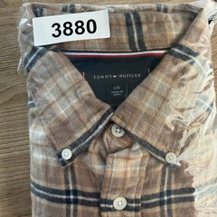 Tommy Hilfiger Button Down Shirt Mens Large Tan Plaid Flannel Regular Fit Large