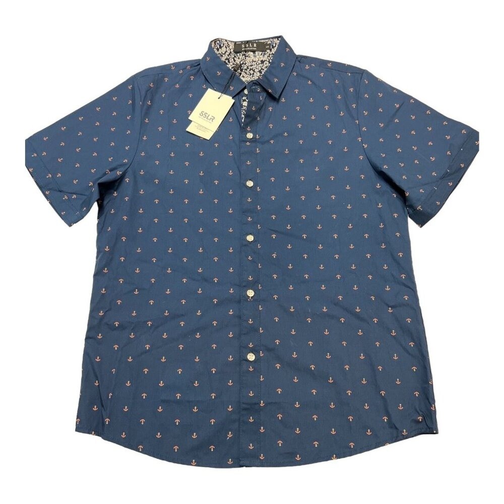 SSLR Shirts Blue Button Down Anchor Print Short Sleeve Size S Preppy Nautical
