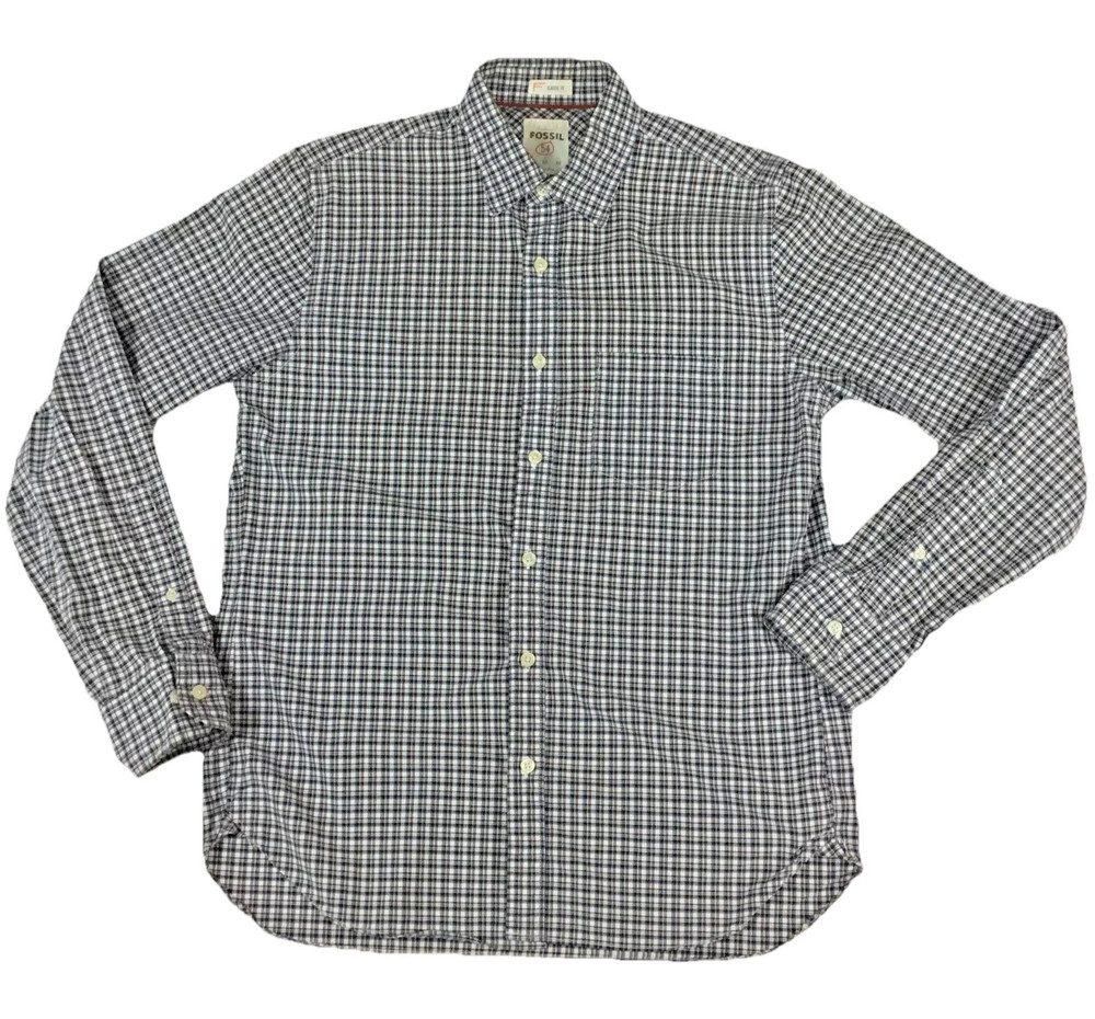 Fossil Mens Classic Fit Plaid Button Down Shirt Blue White Orange Size M 54