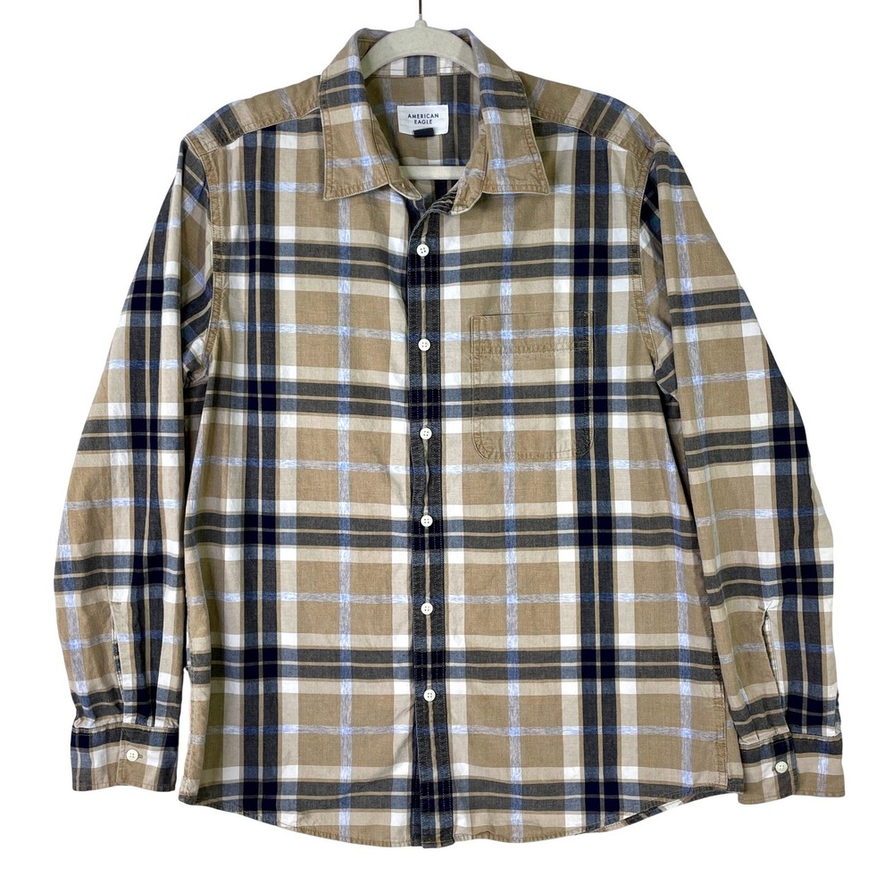 American Eagle Super Soft Plaid Button Down Shirt Mens Large Tan Navy Blue L/G/G