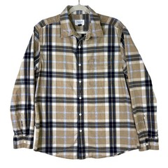 American Eagle Super Soft Plaid Button Down Shirt Mens Large Tan Navy Blue L/G/G