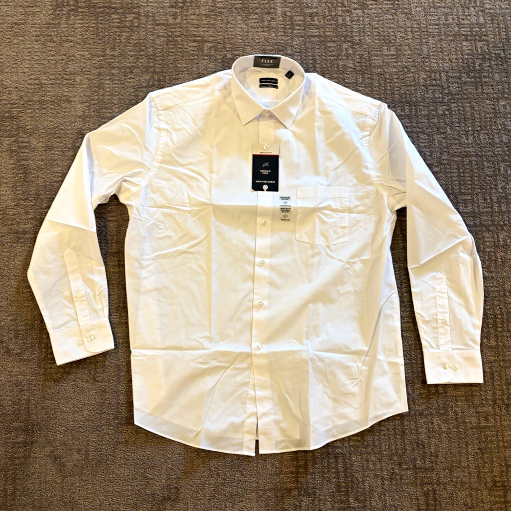 Van Heusen Flex Wrinkle Free White Solid Cotton Dress Shirt Tall Fit 18.5 36/37