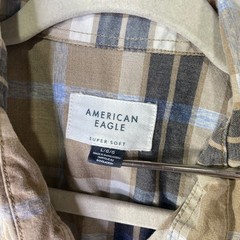 American Eagle Super Soft Plaid Button Down Shirt Mens Large Tan Navy Blue L/G/G