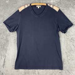 Burberry Brit Shirt Mens Sz L Blue Nova Check Shoulder V Neck Preppy Cotton Tee
