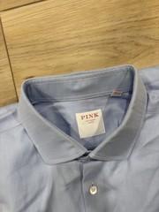Thomas Pink Herringbone Pattern Solid Blue Dress Shirt Size 17 / 43 Mint