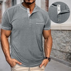 Men Short Sleeve Solid Half Open Collar T-shirt Button Pullover Casual Tee