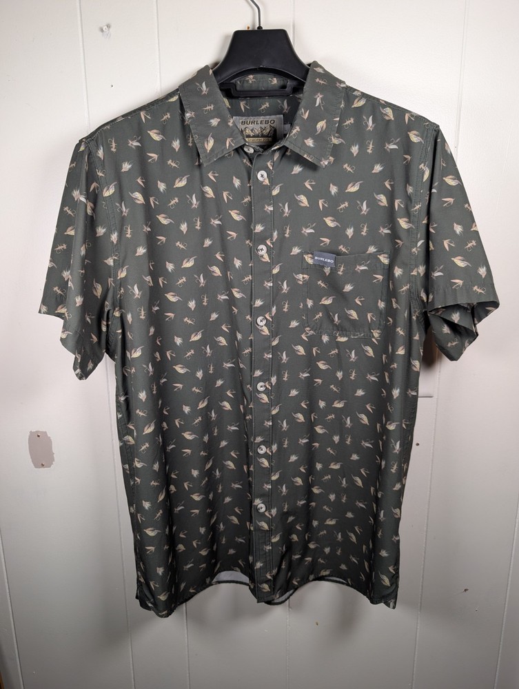 Burlebo Performance Button Up Mens Large Green Fly Fishing Lure Print Short Slv