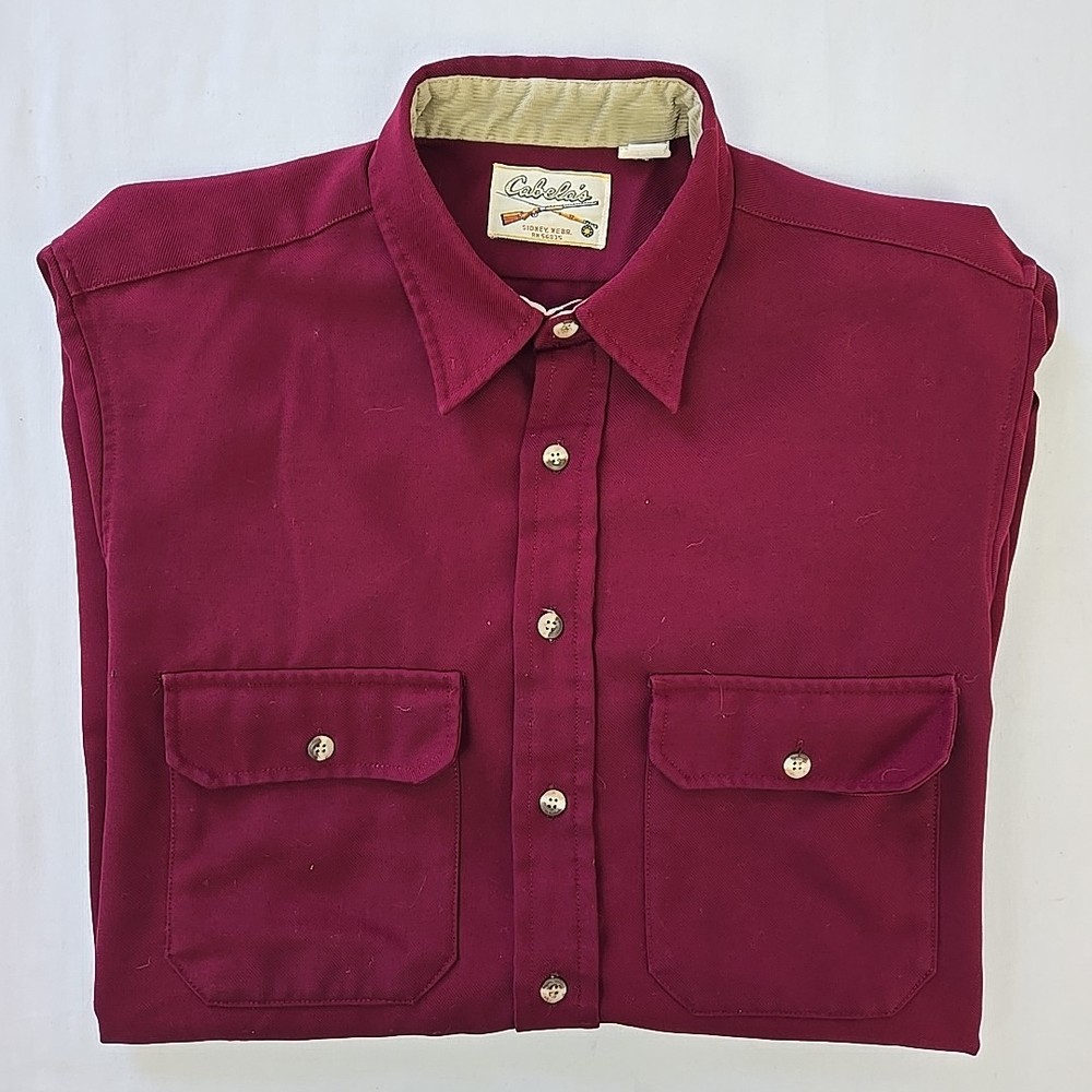 Vintage 90s Cabela’s Polyester Knit Button Shirt Burgundy Red Mens L Made in USA