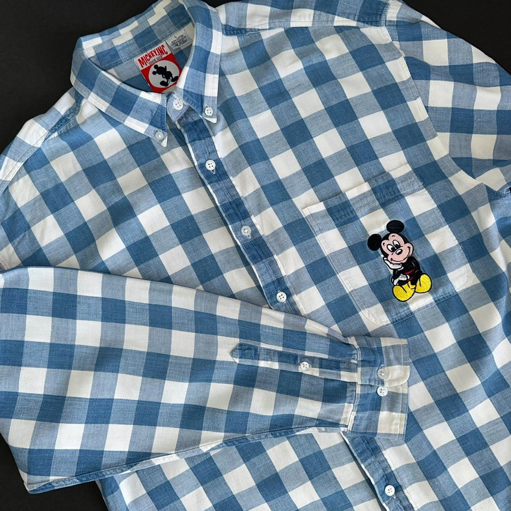 Mickey Inc Disney Mickey Mouse Gingham Button Down Mens Shirt Blue White Large