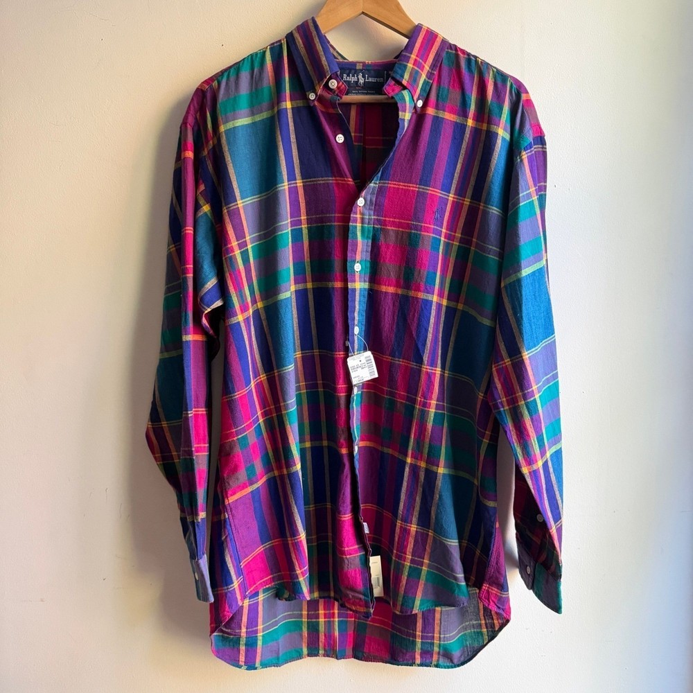 Vintage Ralph Lauren Madras Button Down Plaid Shirt Multicolor Large