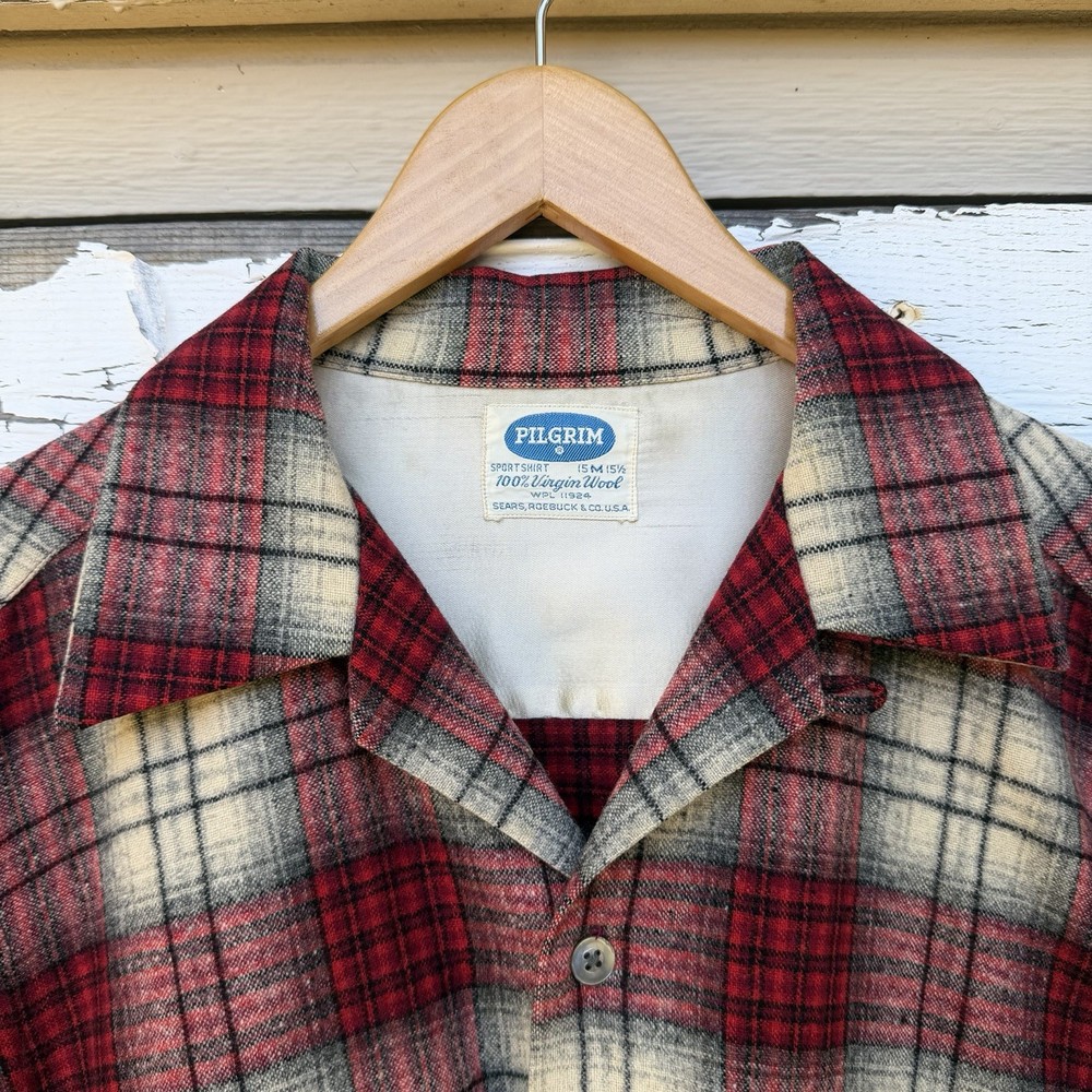 1950s Sears Roebuck Pilgrim Loop Collar Shirt red and cream Plaid 100% Wool