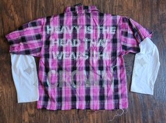 Streetwear Flannel Shirt Rhinestone Skull Long Sleeve Plaid Button Up Pink S