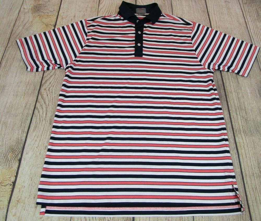 Fennec Highly Evolved Blue White Orange Striped Polo Golf Shirt Men’s Medium