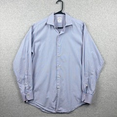 Brooks Brothers Shirt Mens 15.5 34 Medium Blue Pink Stripe Poplin Made In USA