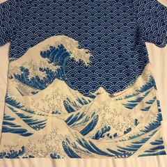 Japanes Wave Asian Theme Button Up Collared Shirt Large Blue Polyester