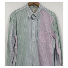 J Crew Seersucker Shirt Men Large Green Pink Blue Striped Organic Cotton Button