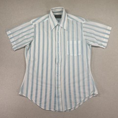 Vintage 60s/70s Sears Knit Dress Shirt Mens M/L Blue Stripe Perma-Prest Japan