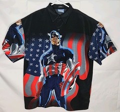 Rare Vintage MARVEL COMICS Captain America All Over Print Camp Shirt 2000s Large