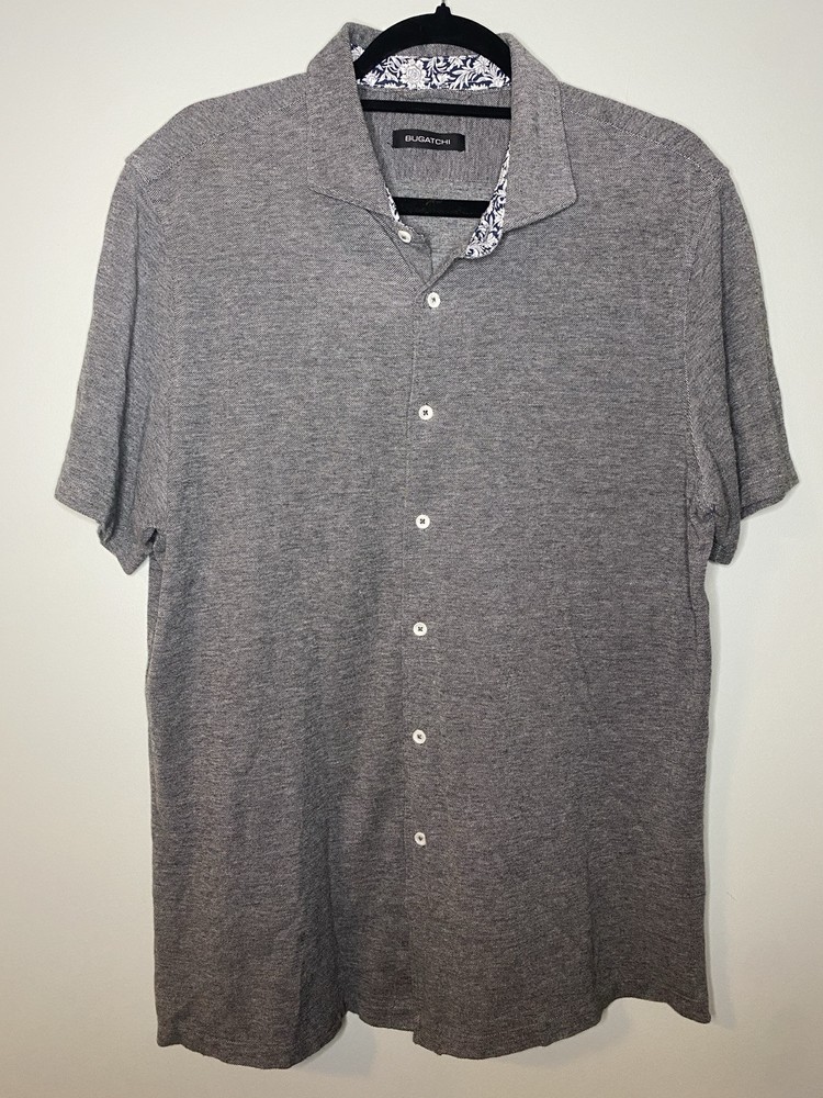 Bugatchi Men’s full button short sleeved cotton knit polo shirt Gray- M