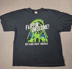 Vintage Six Flags Theme Park Roller Coaster Black Lime Green T-shirt Size XL