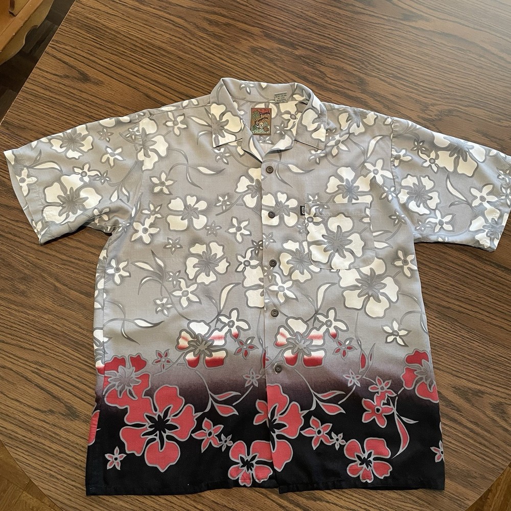 Pineapple Connection Men’s Button Down Hawaiian Shirt Size Medium Gray Black Red