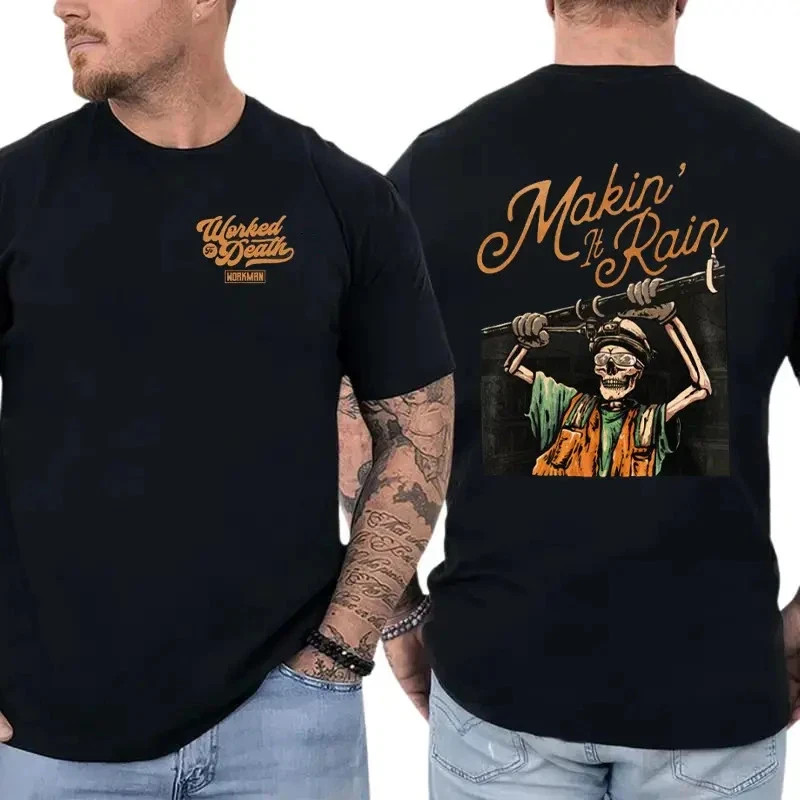 Makin’ It Rain Construction Worker Graphic T-Shirt Skeleton Holding