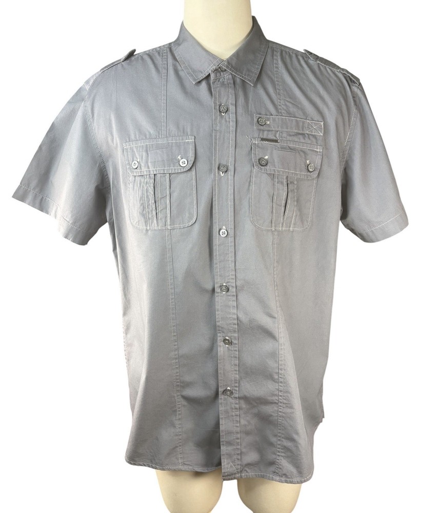 Vintage Marc Ecko Deadly Threads Button Up Shirt Large Gray Utility Military Y2K