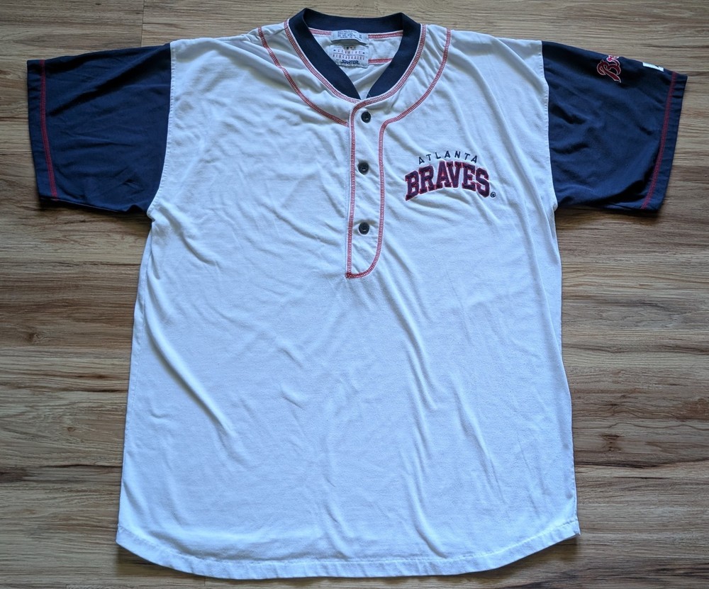 Vintage Starter Atlanta Braves Henley Jersey Shirt Mens XL 90s MLB Embroidered