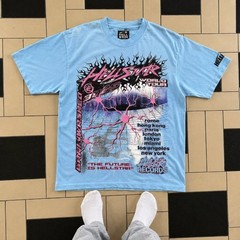 Hellstar World Tour Graphic Tee Light Blue Mens Vintage Cotton Streetwear